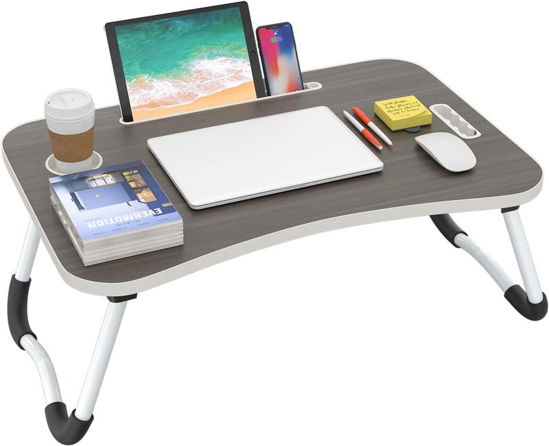BUYIFY Folding Lap Desk, 23 Inch Portable Wood Black Laptop Bed Desk Lap Desk with Cup Holder, for Working Reading Writing, Eating, Watching Movies for Bed Sofa Couch Floor - Image 1
